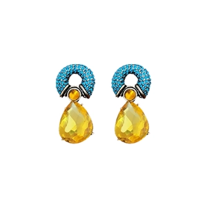 Vintage metal drop earrings with blue rhinestones and yellow teardrop crystals on white background