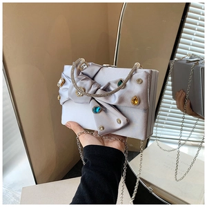 Rhinestone Satin Evening Bag Large Bow Elegant Clutch Purse With Artificial Pearl Beaded Handle And Detachable Chain Strap Women