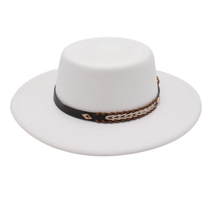 Boater Hat Flat Top Wide Brim Retro Felt Ethnic Fedora Style With Braided Leather Band Metal Stud For Men Women