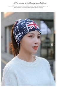 Detail of a versatile Union Jack pattern headband worn by a model for outdoor style