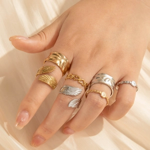 Adjustable Open Rings Titanium Steel Hollow Heart Angel Wings Wave Texture Minimalist Aesthetic Fashion Jewelry For Women