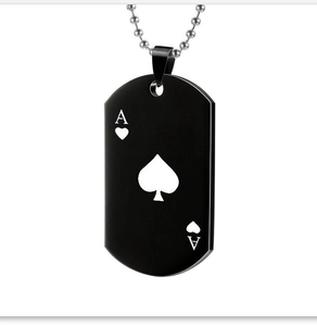 Detail of black stainless steel Ace of Spades pendant with a silver metal bead chain