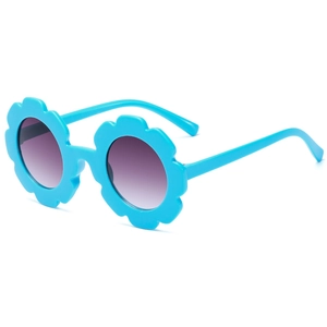 Kids flower sunglasses with sky blue petal frame and purple gradient lenses for UV protection
