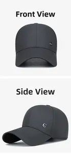 Viste dettagliate del cappellino da baseball grigio scuro con logo in metallo e corona rigida
