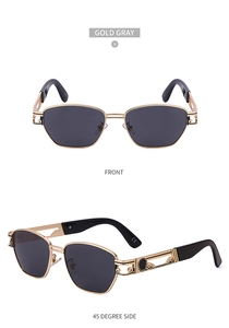 Detailed views of gold steampunk sunglasses with hollow-carved temples and gray lenses