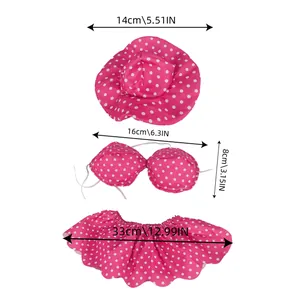 Size guide for porch goose outfit showing 14cm hat and 33cm pink polka dot skirt