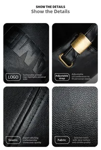 Détails du cuir noir grainé, du logo imprimé et de la boucle métallique sur la casquette