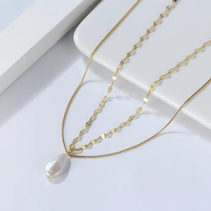 Double-layered gold S925 silver necklace with baroque teardrop freshwater pearl pendant