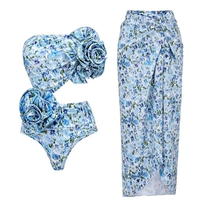 Women One Piece Swimsuit With 3D Flower Decoration Floral Print Cutout Beach Vacation Monokini Swimwear Set