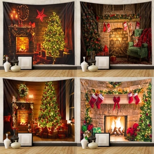 Christmas Wall Tapestry Polyester Fabric Fireplace Xmas Tree Digital Printing Holiday Home Backdrop Decor