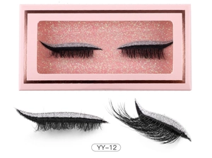 Detail view of dramatic eyelashes with silver glitter eyeliner in a pink gift box