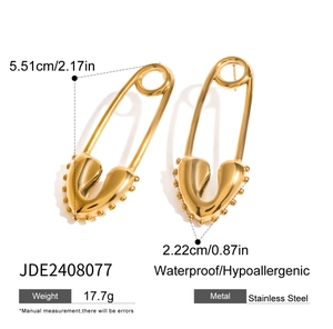 18k gold plated stainless steel heart safety pin earrings with detailed dimensions