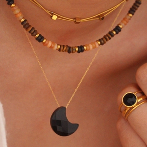 Layered 14K gold plated necklace set with black onyx crescent pendant and bead chain