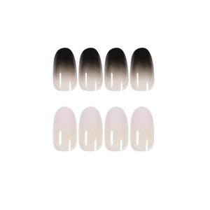 Faux ongles dégradés noir et rose de forme ovale avec une finition brillante