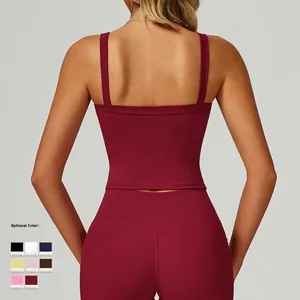 Slim fit dark red yoga set with double strap open back top and high waist leggings