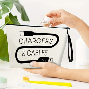 White canvas organizer bag for chargers and cables with black zipper and hand strap