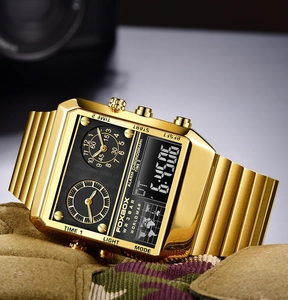 Macro shot of gold square dual-display watch with digital world map and chronograph