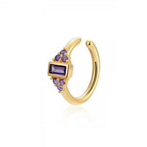 18k gold plated ear cuff with rectangular and round purple zircon stones on white background