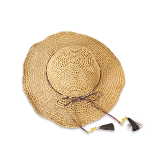 Close-up of khaki straw hat featuring leopard print ribbon and black tassels