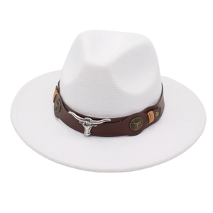 White wide brim western cowboy felt hat featuring a leather band and silver bull head emblem