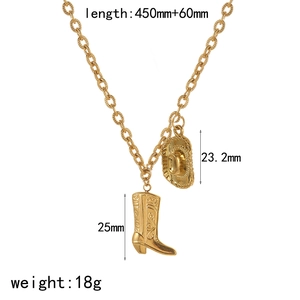 Gold stainless steel necklace featuring western cowboy hat and boot pendants for women