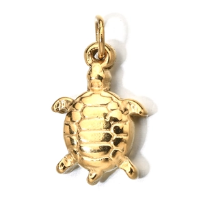 Macro shot of gold turtle pendant with detailed shell texture and polished finish