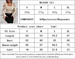 Detailed size chart for square neck knit top with material and weight specifications