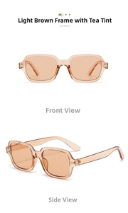 Detail of light tea rectangular sunglasses featuring metal rivets and resin frames