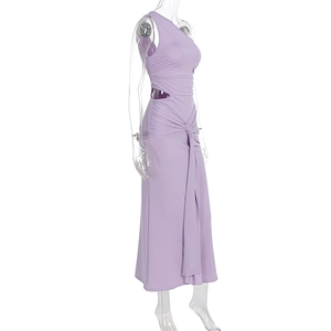 Detail of lavender one-shoulder dress with side cutout and gathered knot draping effect