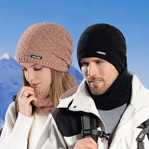 Winter Knitted Beanie And Neck Warmer Scarf Acrylic Fleece Lined Windproof Cold Weather Outdoor Warm