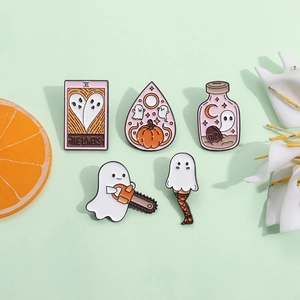 Halloween enamel pin set featuring cartoon ghosts, pumpkin elements, and tarot card design