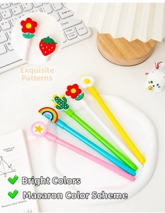 Close-up of assorted macaron-colored cartoon gel pens with cute 3D charms in a tray
