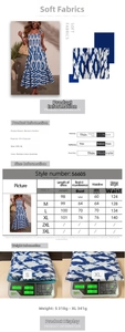 Size chart and fabric details for women printed summer dress with bohemian pattern