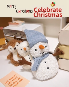 Detailed plush Christmas toy set with snowman in blue knit hat and brown reindeer doll