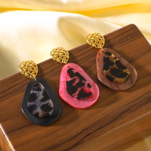 Exaggerated leopard print resin drop earrings with golden metal studs for women