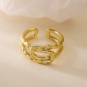 18K gold plated geometric open ring with double-layer hollow design and hammered texture