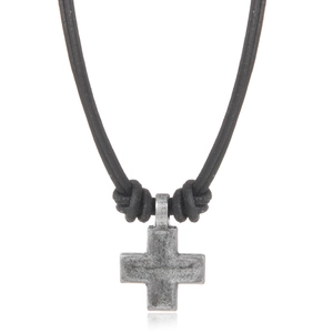 Vintage handmade cowhide cord necklace with a rustic alloy cross pendant in retro style