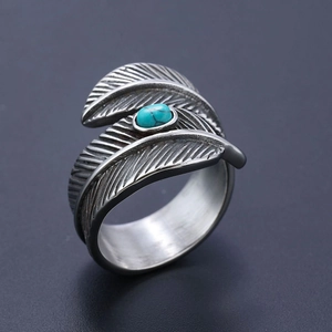 Retro stainless steel double feather open ring with an oval turquoise stone inlay