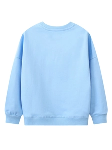 Back view of light blue crewneck sweatshirt with ribbed cuffs for kids casual wear