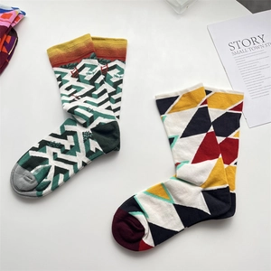 French oil painting style crew socks with geometric patterns and artistic color blocks