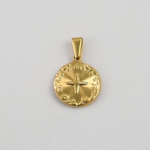 Detail of round gold coin pendant with star relief and ornate scroll pattern