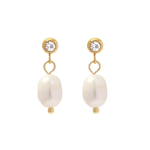 Pendientes vintage franceses de acero chapado en oro de 18K con perlas de agua dulce