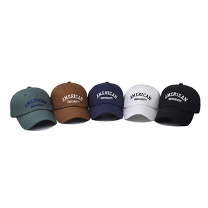 Five assorted cotton baseball caps with American University embroidery in multiple colors