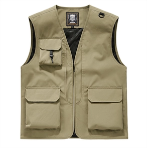 Detail of khaki outdoor vest with multi-pockets, breathable mesh lining and V-neckline