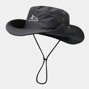 Outdoor wide brim sun hat in black with mountain embroidery and adjustable wind cord