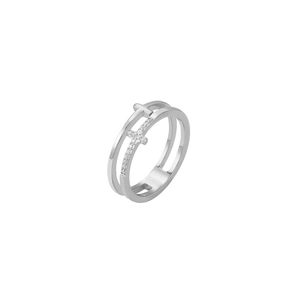 Minimalist double layer cross ring in titanium steel with sparkling cubic zirconia inlay