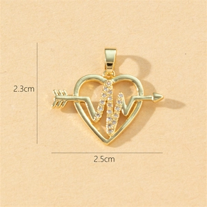 Detail view of a gold heart pendant with zircon inlays and cupid arrow showing size dimensions