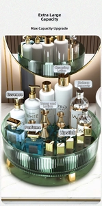 Detail of 2-tier rotating green makeup organizer with gold frame and marble surface