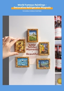 Detailed close-up of 3D Van Gogh resin fridge magnets with ornate golden frames