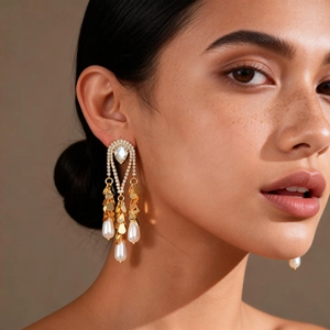 Boucles d'oreilles pendantes plaquées or 18k avec perles et strass sur modèle